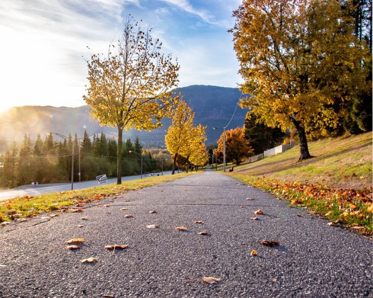 A paved walking path lined with autumn trees and fallen leaves in Kitimat